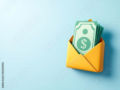 3D envelope with green cash inside and exclamation marks. Perfect for illustrating payment, bonuses, finance apps, salary notifications, or online transaction messages
