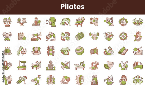 A vibrant collection of Pilates exercise icons featuring diverse body positions, equipment, and movements, showcasing a holistic approach to fitness and wellness.