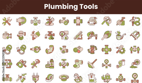 A diverse collection of plumbing tools in flat design, showcasing wrenches, pipes, valves, and more, featuring a harmonious color palette of greens and browns.