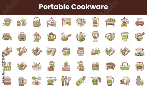 An array of portable cookware icons representing various cooking tools and accessories. Ideal for outdoor enthusiasts and cooking professionals.