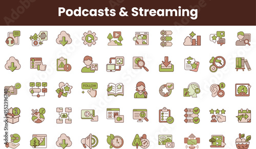 A diverse collection of icons representing podcasts and streaming, featuring various multimedia elements, technology, and engagement symbols in soft color tones.