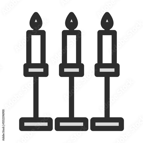 Set of Three Candlesticks Icons. Filled line illustration of multiple lit candles on tall holders. Editable vector for formal events, holiday decor, or traditional themes.