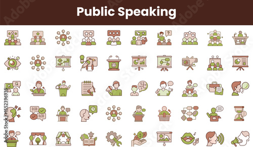 A colorful collection of public speaking icons featuring diverse characters in various presentation settings, highlighting communication and engagement concepts.