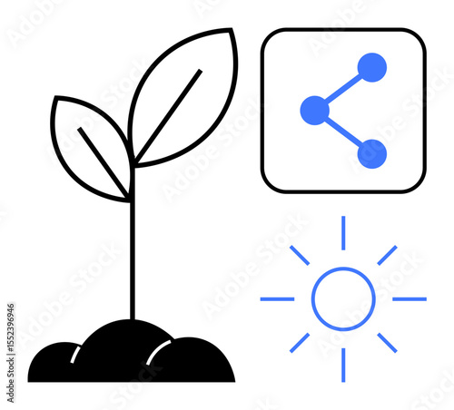 Sprouting plant on soil, glowing sun rays, and a share connectivity icon. Ideal for growth concepts, environment, sustainability, digital connections, technology, renewable energy simple landing