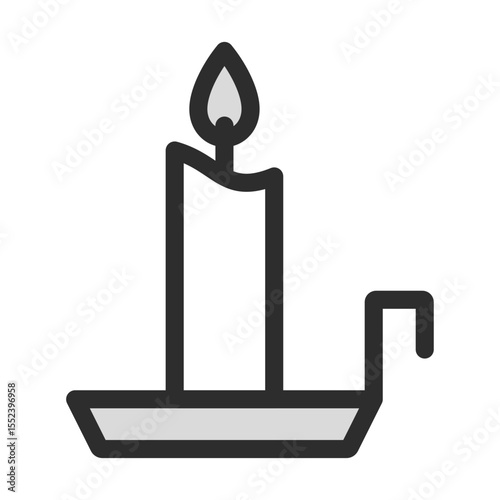 Vintage Candlestick Icon. Filled line illustration of a burning candle on a classic holder with a handle. Editable vector for historical, elegant, or traditional light.