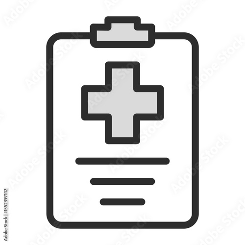 Medical Report or Patient Clipboard Icon. Filled line illustration of a clipboard with a medical cross and text. Editable vector for healthcare, diagnosis, or health records
