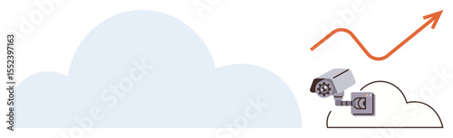 Security cameras placed near a cloud with an upward arrow symbolizing data growth, cloud storage, or surveillance analytics. Ideal for technology, security, innovation, growth, cloud computing, data
