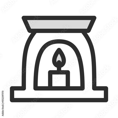 Aroma Diffuser with Candle Icon. Filled line illustration of an essential oil burner with a lit candle. Editable vector for relaxation, spa, aromatherapy, or home fragrance themes.