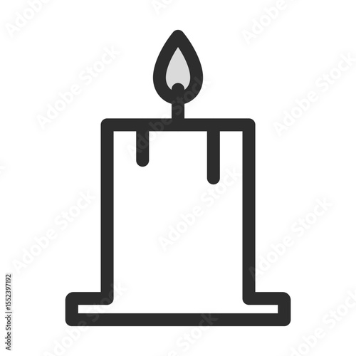 Lit Candle Icon. Filled line illustration of a burning candle with melting wax. Editable vector for relaxation, spirituality, light, or cozy themes