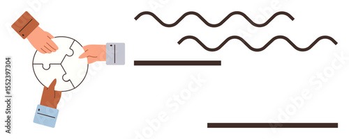 Three hands from diverse individuals assembling circular puzzle pieces beside wave and line graphics. Ideal for teamwork, collaboration, problem-solving, diversity, connection, unity, partnership