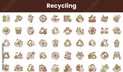 A diverse collection of recycling icons, featuring plants and eco-friendly symbols, representing sustainability and environmental awareness in a harmonious design.