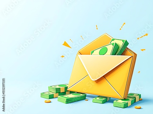 3D envelope with green cash inside and exclamation marks. Perfect for illustrating payment, bonuses, finance apps, salary notifications, or online transaction messages