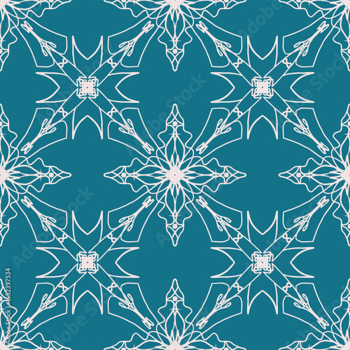 White floral stars ornament on turquoise background. Seamless pattern for textile and wallpapers. Vector.
