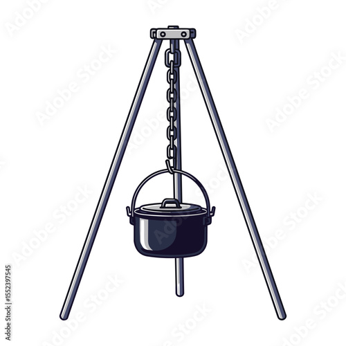 Vintage camping cooking pot on tripod for outdoor adventure and wilderness survival illustration