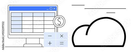 Computer screen with financial spreadsheet, calculator icon, and cloud icon. Ideal for accounting, finance, cloud technology, budgeting, data analysis business planning and digital tools. Simple