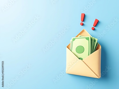 3D envelope with green cash inside and exclamation marks. Perfect for illustrating payment, bonuses, finance apps, salary notifications, or online transaction messages