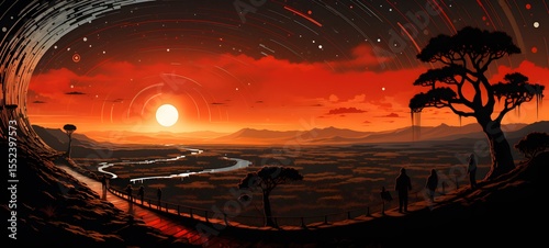 pop surreal unreal silhouettes spiral towards Pachycephalosauria, ai generatif
