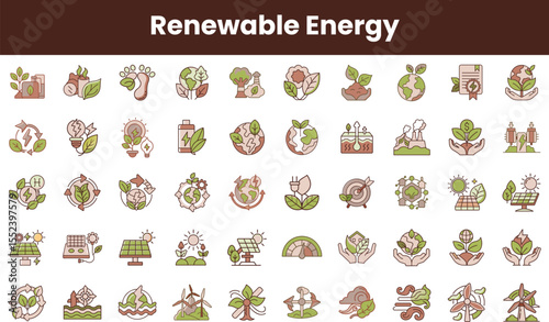 Colorful icons representing renewable energy concepts, featuring solar panels, wind turbines, and eco-friendly symbols in a modern, playful design.