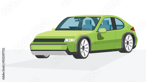 Objec perspective design of electric sedan car pastel green color. Can view inside car.  Shadow and isolated white background.