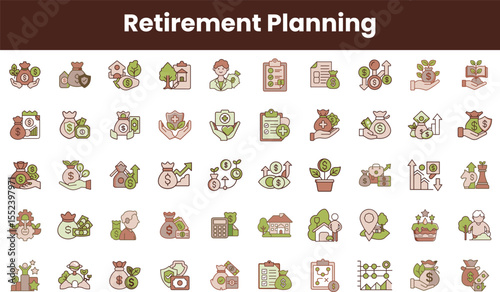 A collection of illustrations representing various aspects of retirement planning, featuring diverse icons like savings, investments, health, and financial growth in soft colors.
