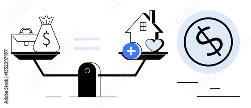 Scales compare finances, including a briefcase and money bag, with a house and heart icon. Plus sign emphasizes connection. Ideal for finance, investment, stability, work-life balance, budgeting