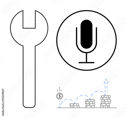 Microphone in circle, large wrench, and coin stacks with upward arrows emphasize technology, tools, financial growth. Ideal for innovation, repair, audio, mechanics productivity business simple