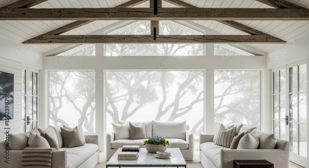 Fototapeta premium Hamptons Living Room with Exposed Beams and Ocean Views - Coastal Interior Design for Website Headers