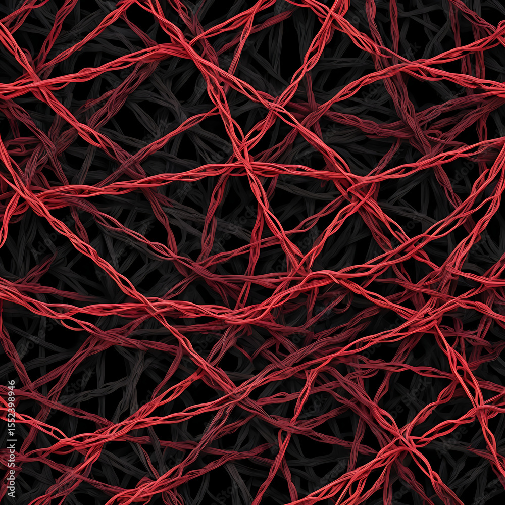 A chaotic pattern of tangled barbed wires in red and black, representing emotional pain, hate, and entrapment A chaotic pattern of tangled barbed wires in red and black, representing emotional pain, hate, and entrapment