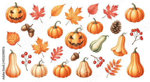 Autumnal Gathering: A vibrant autumnal collection featuring carved jack-o'-lanterns, an array of pumpkins, fallen leaves, acorns, pine cones.