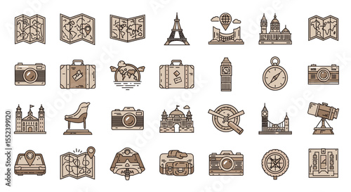 World Travel Collection: A captivating illustration showcases an array of travel-themed elements. Each object a gateway to global exploration and the pursuit of unforgettable moments.
