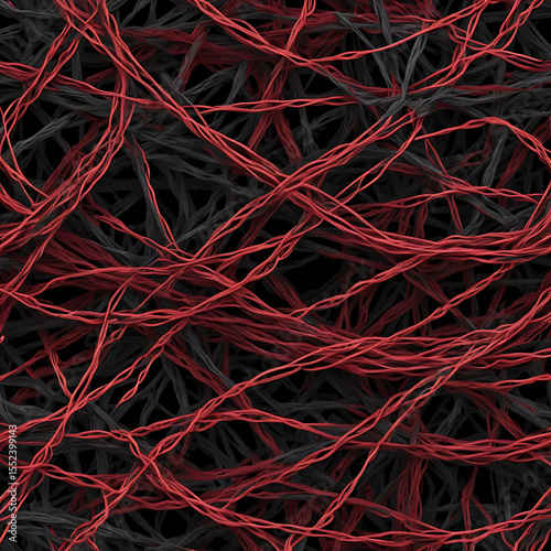A chaotic pattern of tangled barbed wires in red and black, representing emotional pain, hate, and entrapment