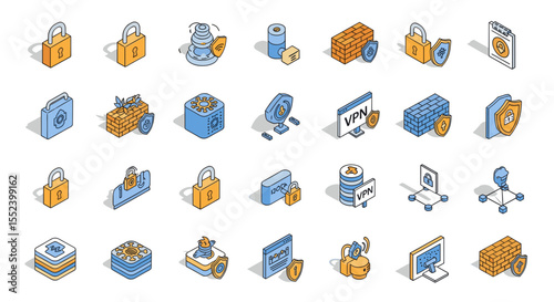 Digital Security Icons: A collection of sleek, isometric icons representing various aspects of digital security, from secure data storage to network protection and data privacy.