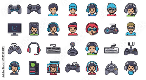 Gamer's Delight: A vibrant collection of pixelated gamers and gaming icons, celebrating the digital realm with controllers, headsets, and joyful avatars.