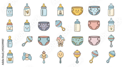 Pastel Baby Essentials: A delightful array of pastel-colored baby items, from bottles to diapers and rattles, creating a sweet and tender scene of nurturing care.