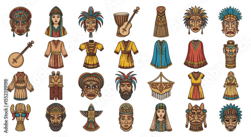 Cultural Artifacts Display: A vibrant and detailed collection of traditional masks, musical instruments, and ethnic attire, showcasing the rich tapestry of global cultures.