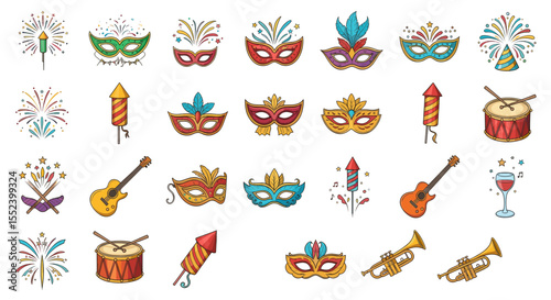 Carnival Celebration Icons: A vibrant collection of colorful cartoon icons celebrating carnival, featuring masks, fireworks, musical instruments, and celebratory elements.