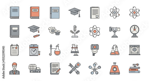 Academic and Scientific Icons: A collection of various academic and scientific icons and symbols related to education, research, and knowledge.