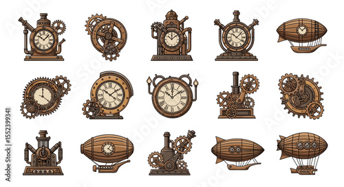 Steampunk Timepieces: A collection of intricate, detailed clocks and airships in a retro-futuristic steampunk style, showcasing the beauty of industrial design and mechanical artistry.