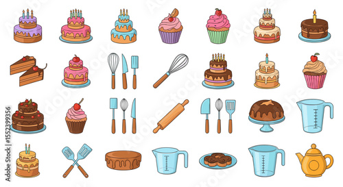 Baking Delights and Culinary Tools: A delightful collection of beautifully illustrated cakes, cupcakes, and essential baking tools, inviting viewers into the world of culinary creativity.