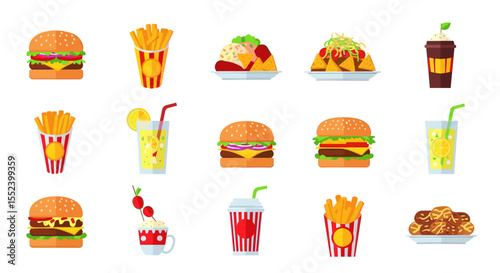 Fast Food Icons: A vibrant collection of fast food icons, including burgers, fries, tacos, and soft drinks, perfect for menu design or restaurant branding.