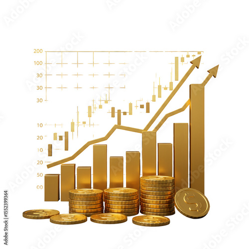 3D Illustration Golden Coins and Growth Chart Financial Success Isolated