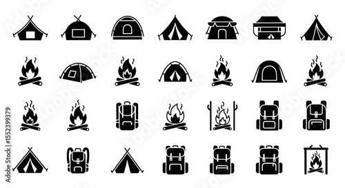 Camping Icons: A comprehensive array of camping-themed icons, offering a diverse collection of simple illustrations, perfect for both recreational and professional use.