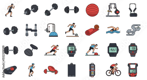Gym Equipment and Sports Icons: A vibrant array of gym equipment and sports icons, perfect for illustrating concepts of fitness, wellness, and athletic endeavors.