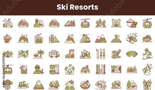 A vibrant collection of ski resort icons, featuring mountains, ski lifts, and winter sports gear, showcasing the fun and adventure of a snowy getaway.