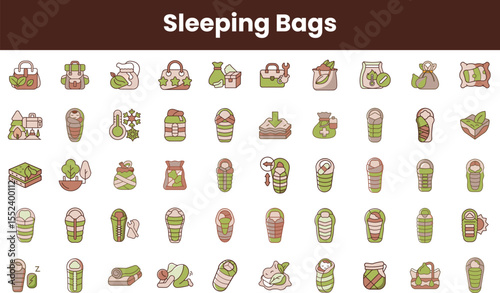 Illustration of various sleeping bag designs, highlighting utility and outdoor activities. The colorful icons evoke a sense of adventure and comfort suitable for camping.