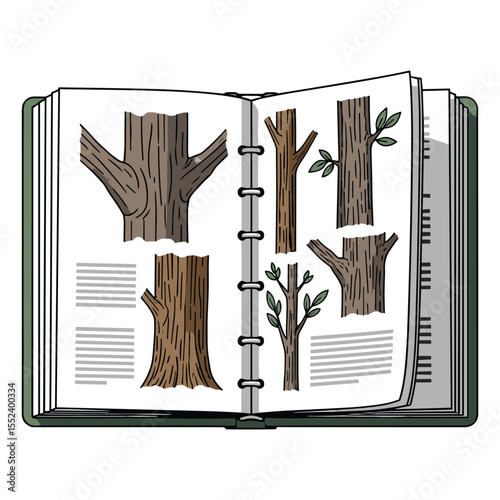 Open book illustrating tree trunks and branches ideal for botanical reference or educational