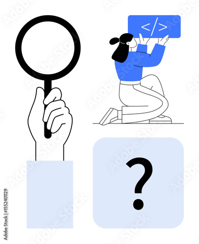 Hand holding magnifying glass, person examining code, and question mark box. Ideal for problem-solving, debugging, learning, analysis, investigation, exploration and a simple landing page
