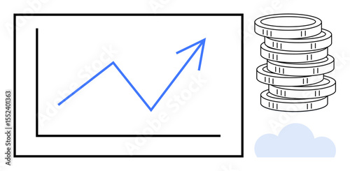 Blue upward-trending graph showing progress, stack of coins for wealth, cloud symbolizing digital innovation. Ideal for business, finance, economy, investment, analytics growth technology. Simple