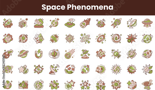 A colorful illustration of various space phenomena including planets, stars, and astronomical events, featuring a whimsical design with green and brown tones.