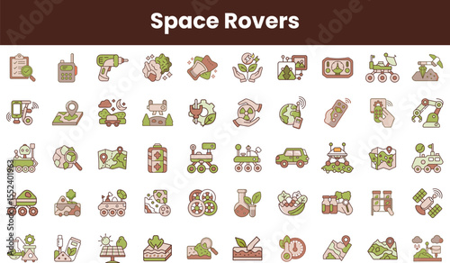 A collection of colorful icons representing space rovers and exploration themes, featuring various designs that emphasize technology, sustainability, and innovation.
